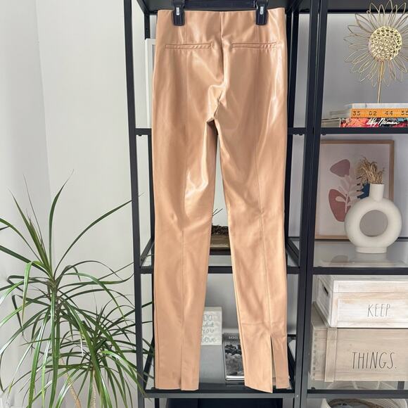 Zara Beige Camel Tan Faux Leather Slim Leg High Rise Pant Hem Slit Women’s Small - Picture 4 of 12